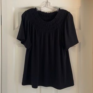 Ann Taylor Blacked Smock Neck Ruffle Short Sleeve Blouse